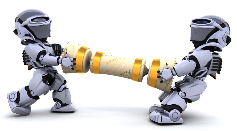 3D render of robots pulling on a christmas cracker